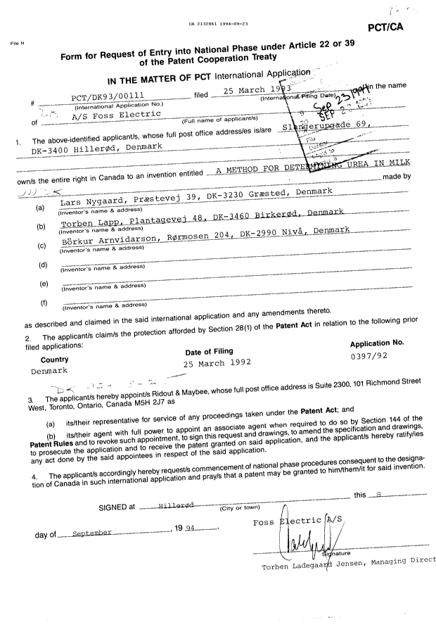Document de brevet canadien 2132861. Demande d'entrée en phase nationale 19940923. Image 2 de 4