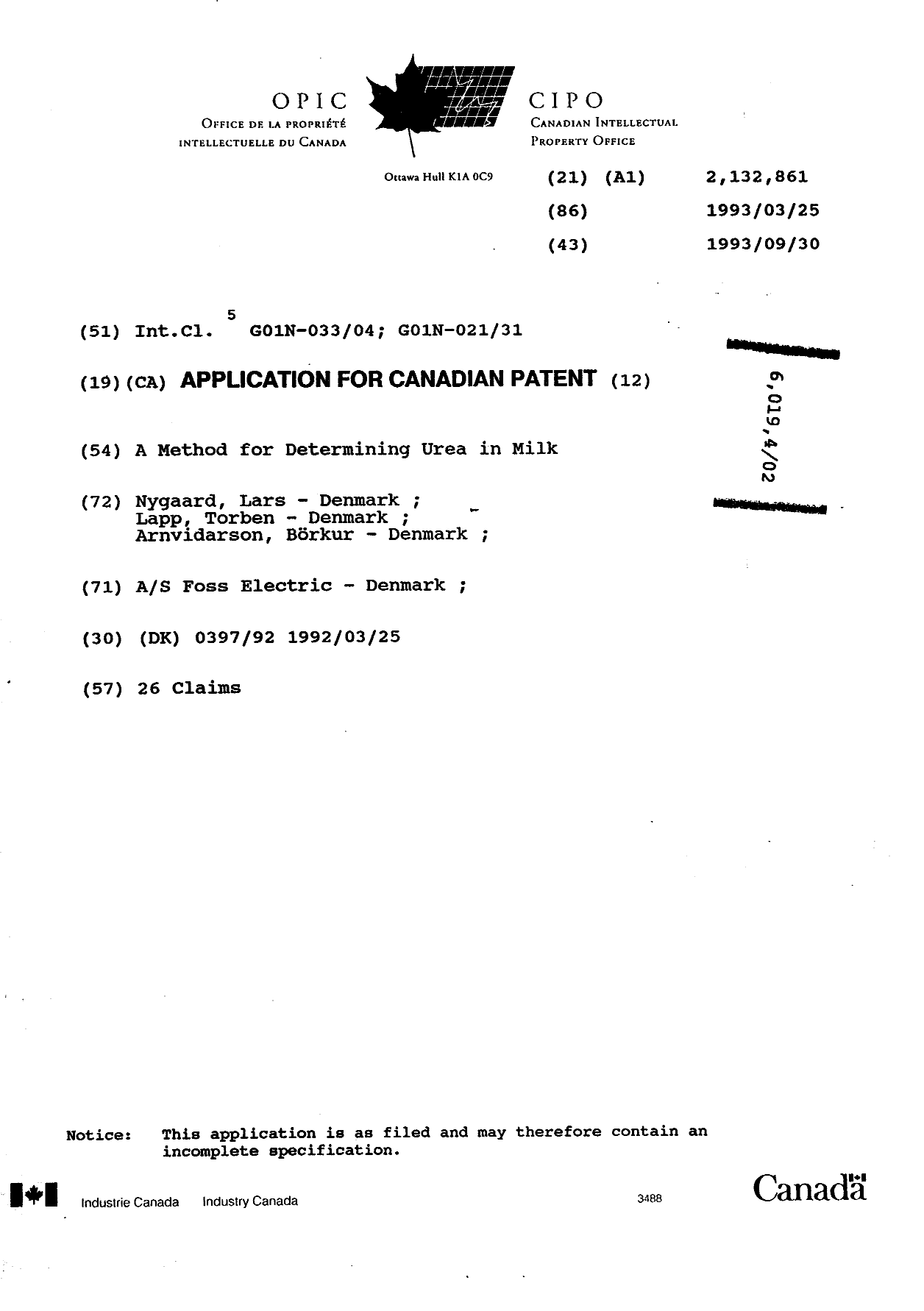 Document de brevet canadien 2132861. Page couverture 19950916. Image 1 de 1