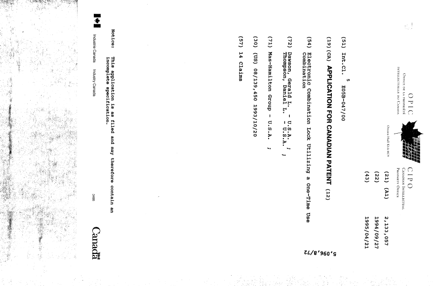 Document de brevet canadien 2133057. Page couverture 19950606. Image 1 de 1