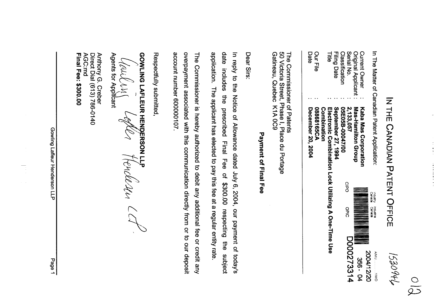 Document de brevet canadien 2133057. Correspondance 20031220. Image 1 de 1