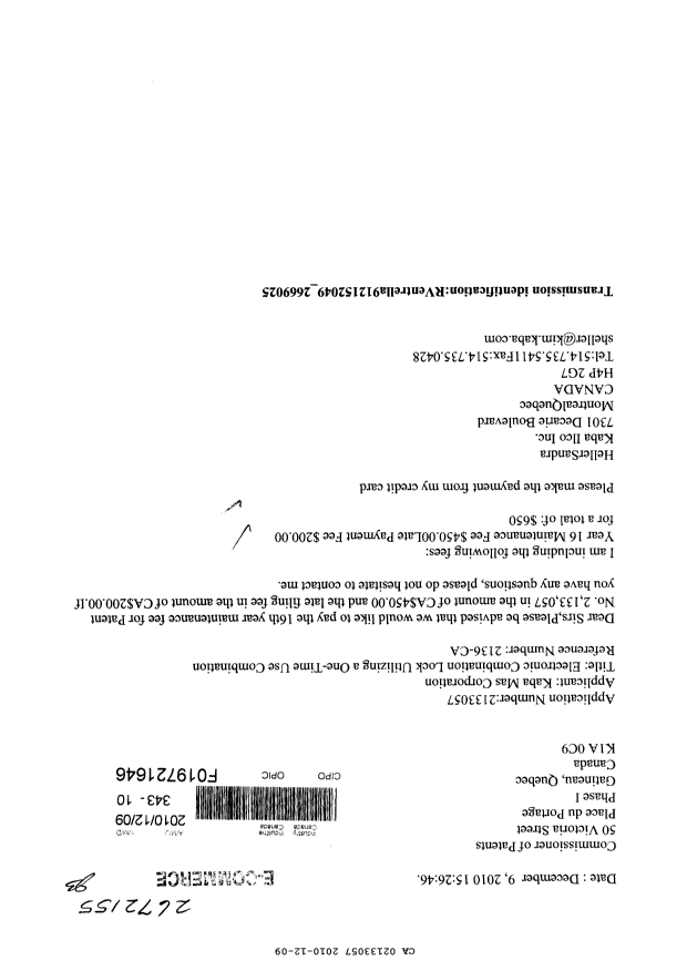 Canadian Patent Document 2133057. Fees 20091209. Image 1 of 1