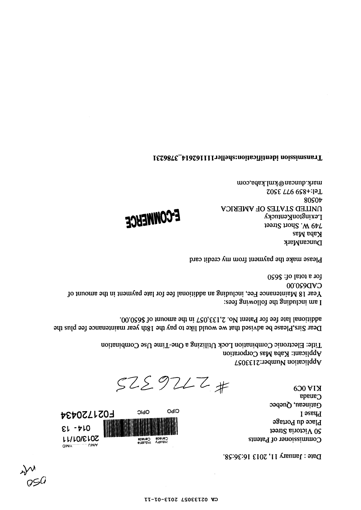 Canadian Patent Document 2133057. Fees 20121211. Image 1 of 1