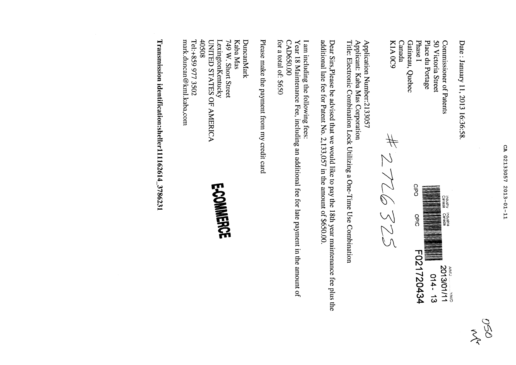 Document de brevet canadien 2133057. Taxes 20121211. Image 1 de 1