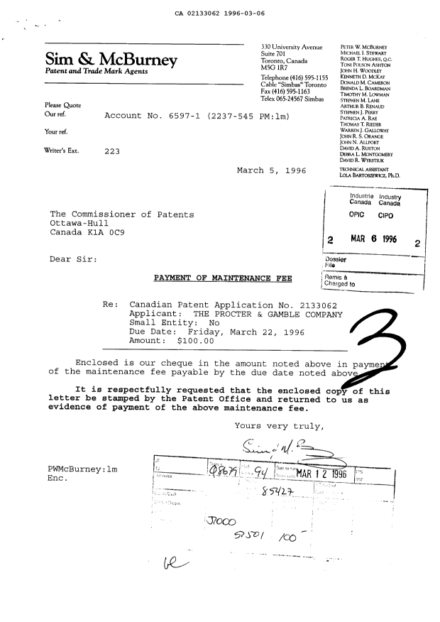 Document de brevet canadien 2133062. Taxes 19960306. Image 1 de 1