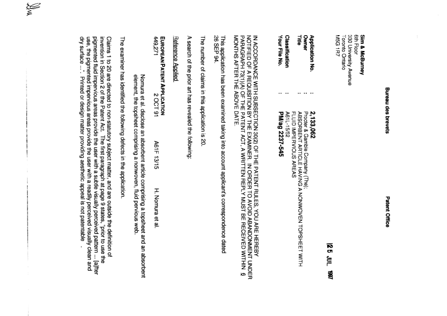Document de brevet canadien 2133062. Poursuite-Amendment 19970725. Image 1 de 2