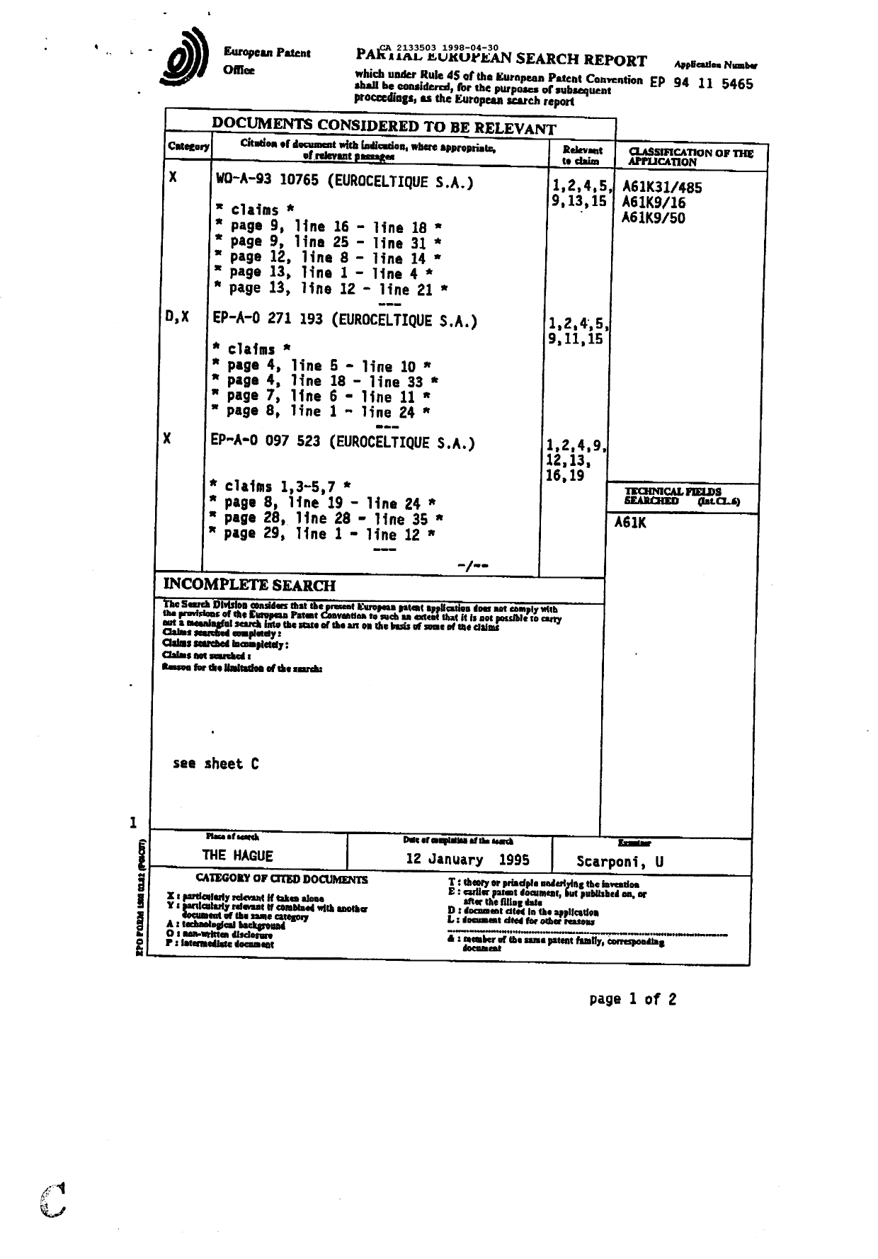 Document de brevet canadien 2133503. Correspondance de la poursuite 19980430. Image 1 de 5