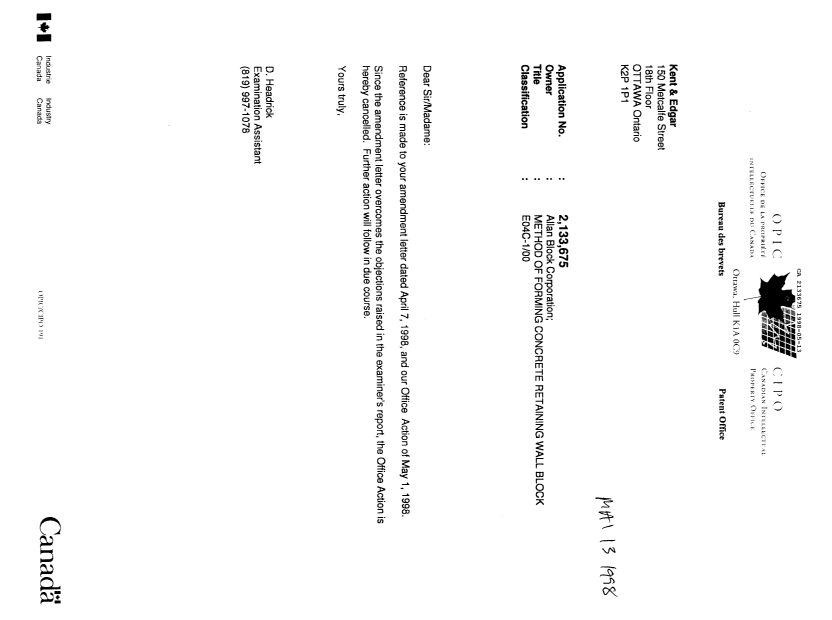 Document de brevet canadien 2133675. Lettre du bureau 19980513. Image 1 de 1