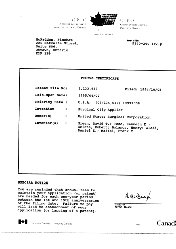 Document de brevet canadien 2133687. Cession 19941005. Image 12 de 12