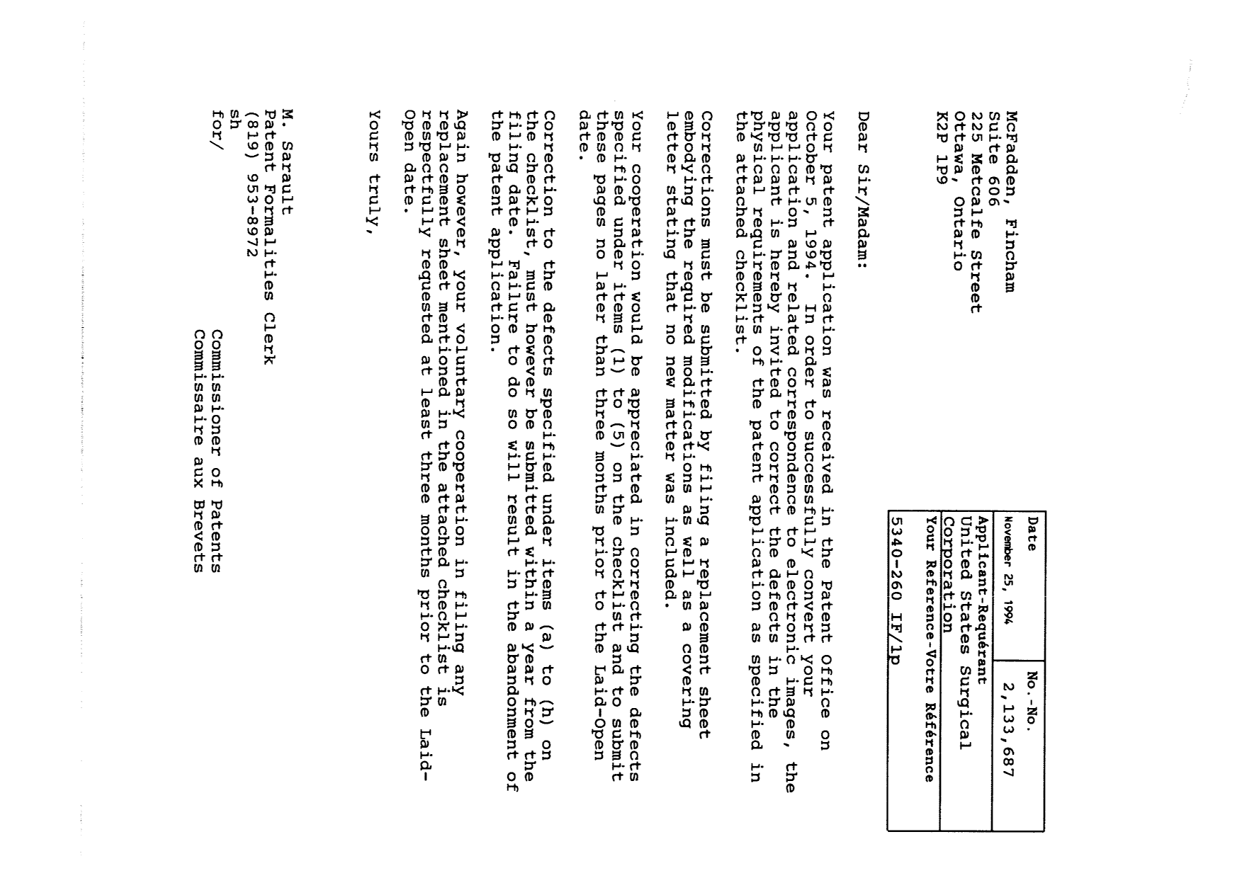 Canadian Patent Document 2133687. Correspondence 19941125. Image 1 of 30