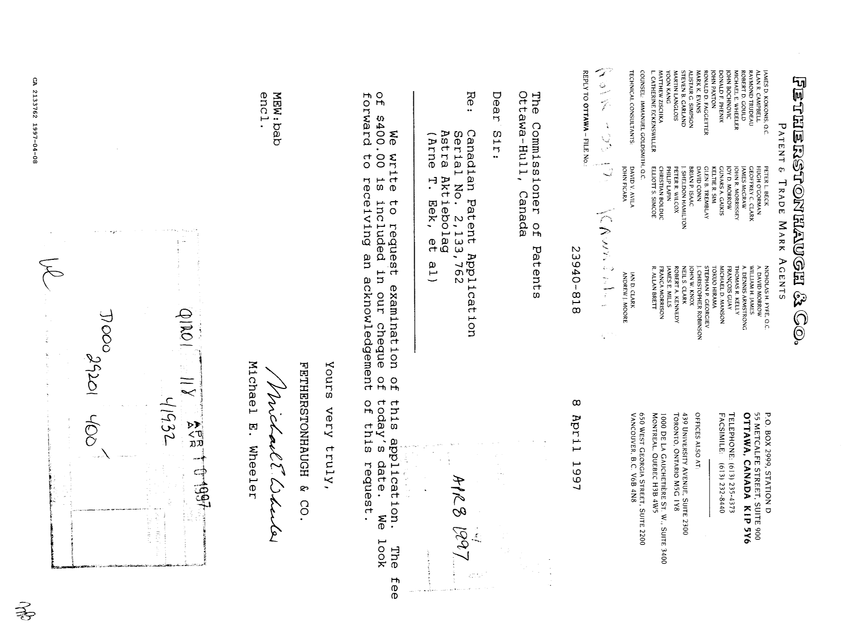 Canadian Patent Document 2133762. Prosecution-Amendment 19961208. Image 1 of 1