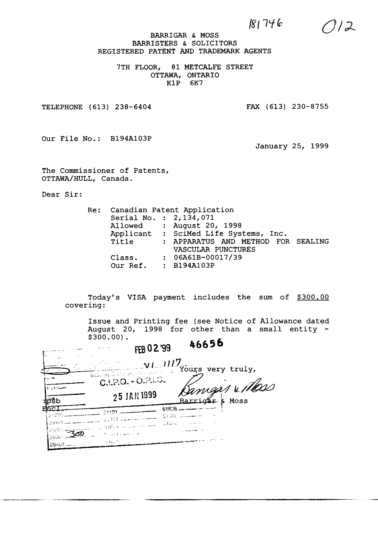 Document de brevet canadien 2134071. Correspondance 19990125. Image 1 de 1
