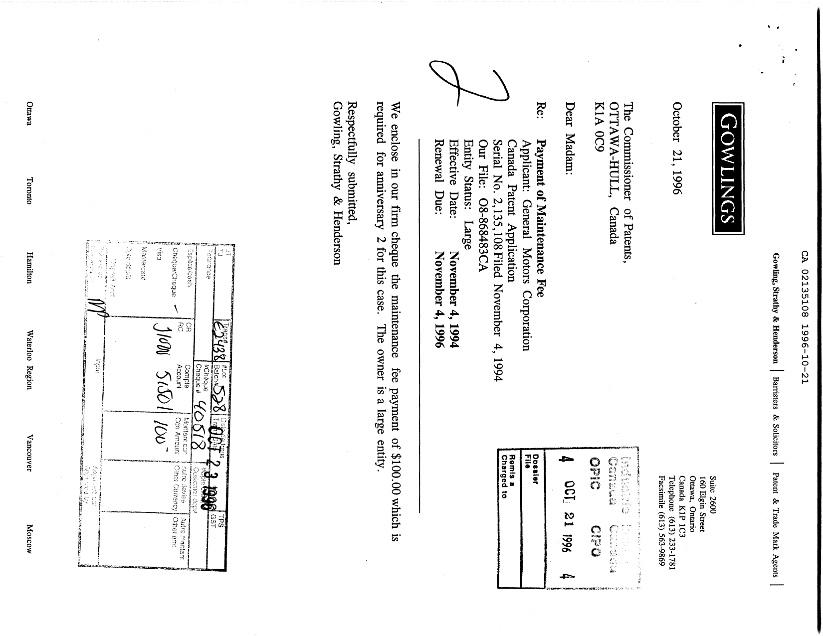 Document de brevet canadien 2135108. Taxes 19961021. Image 1 de 1