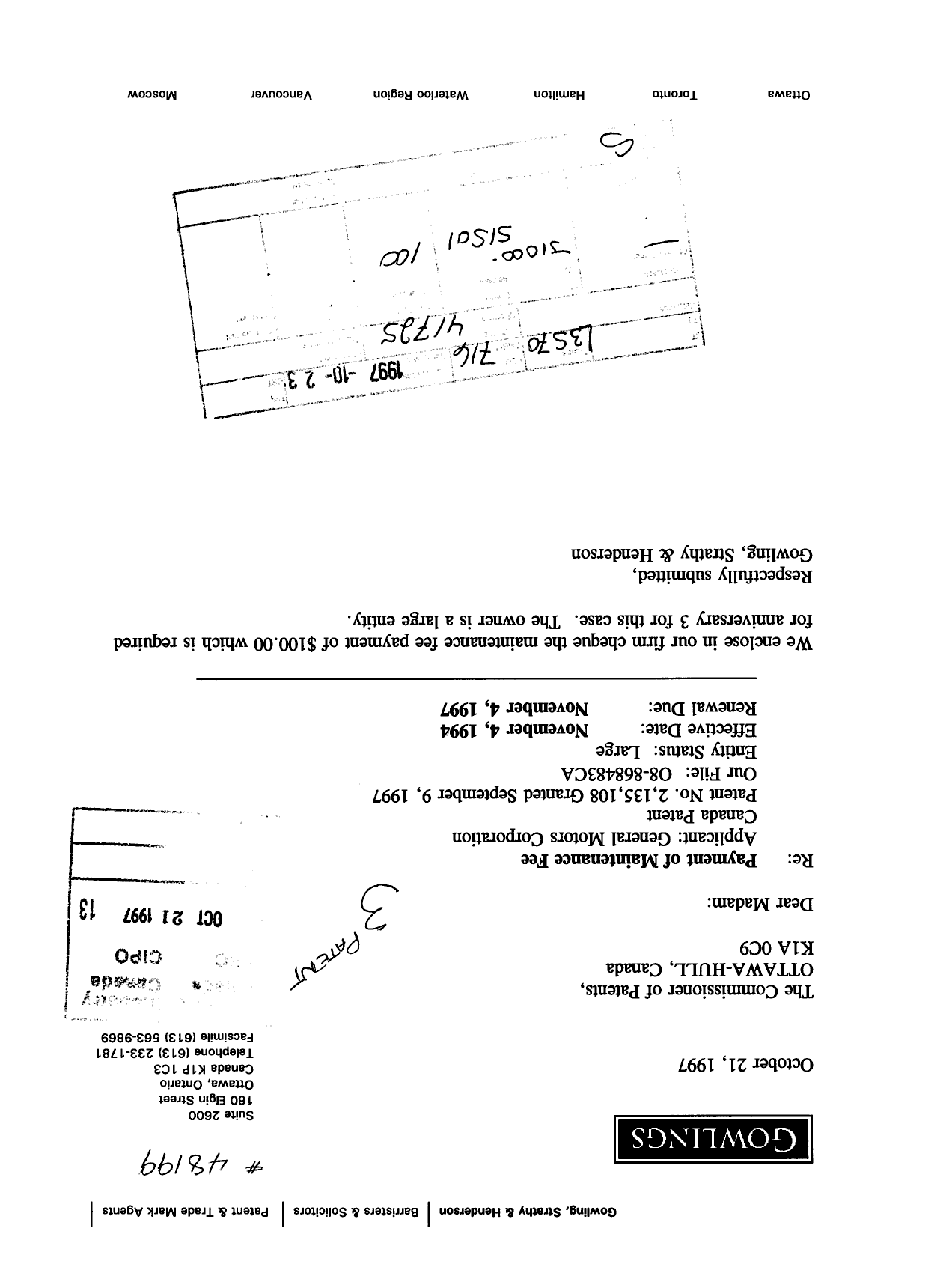 Canadian Patent Document 2135108. Fees 19971021. Image 1 of 1