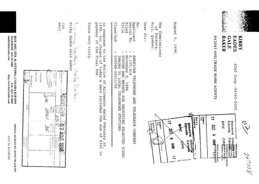 Document de brevet canadien 2135414. Correspondance 19980805. Image 1 de 1