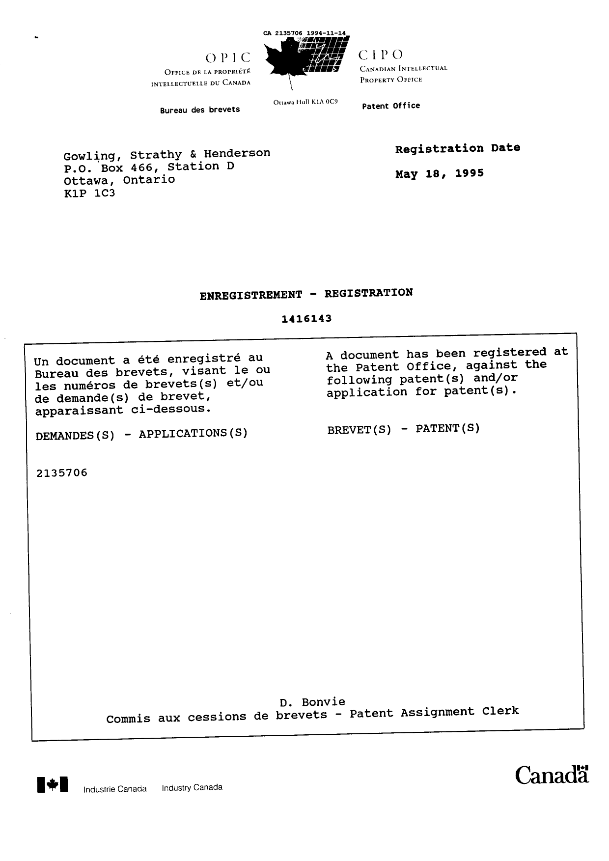 Canadian Patent Document 2135706. Prosecution Correspondence 19941114. Image 2 of 22