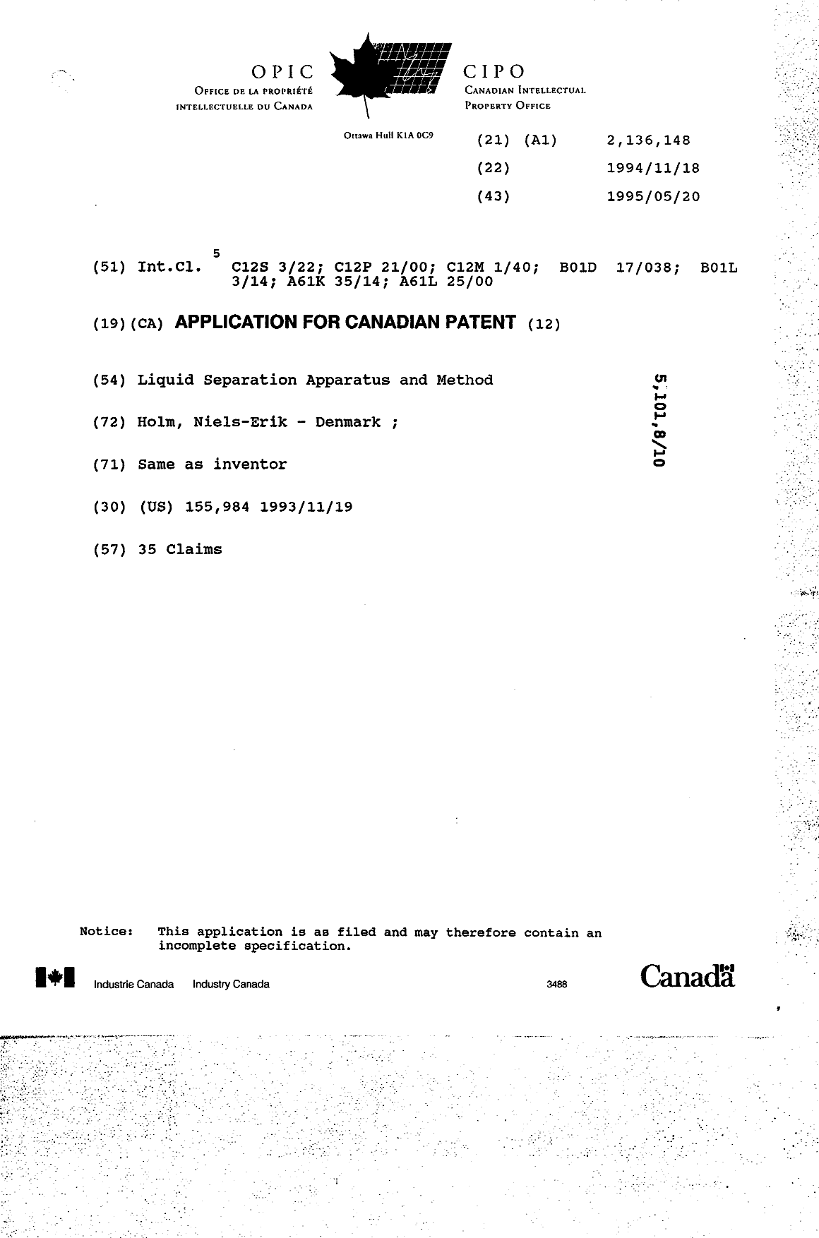 Document de brevet canadien 2136148. Page couverture 19951104. Image 1 de 1