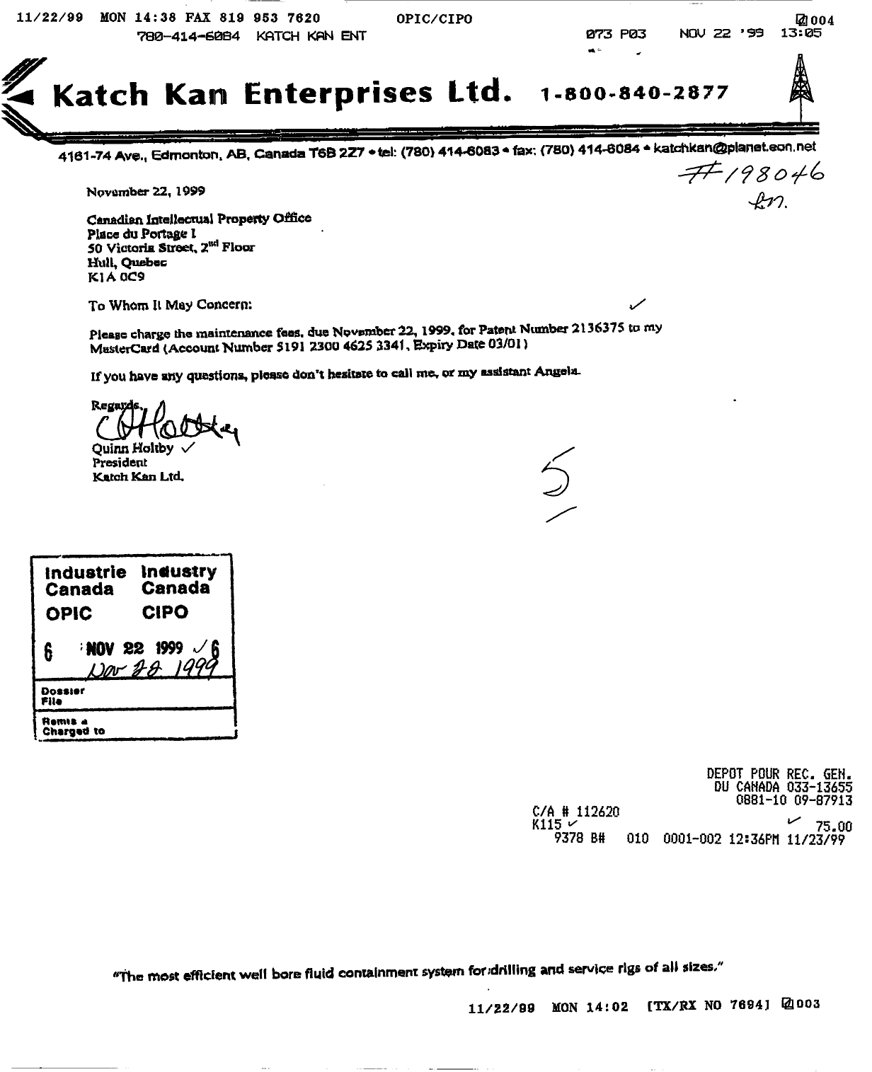 Canadian Patent Document 2136375. Fees 19981222. Image 1 of 1