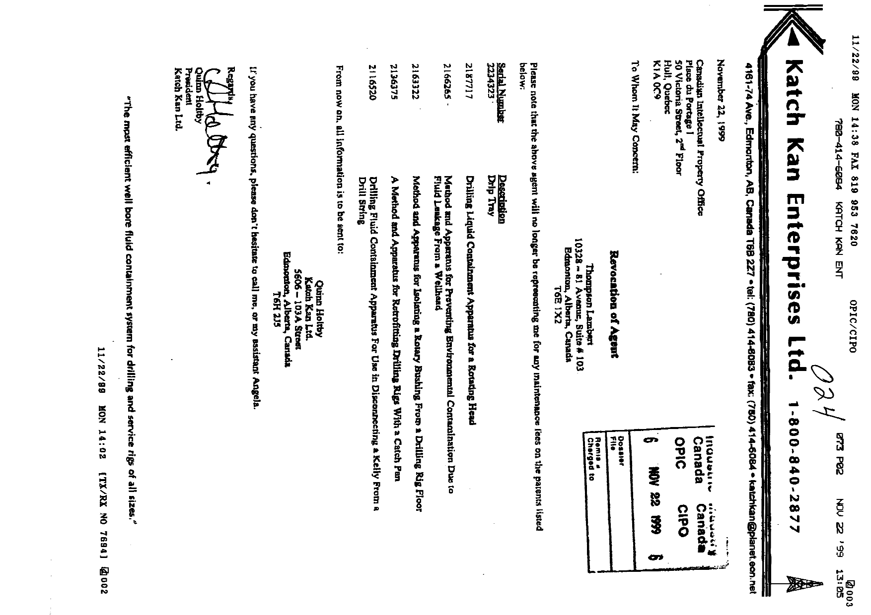 Document de brevet canadien 2136375. Correspondance 19981222. Image 1 de 1