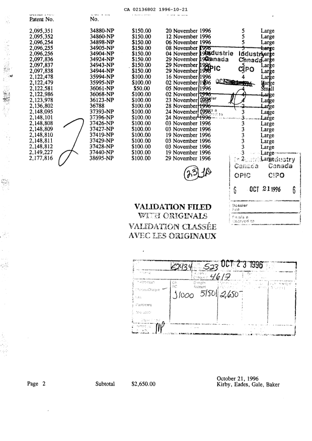 Document de brevet canadien 2136802. Taxes 19961021. Image 1 de 1