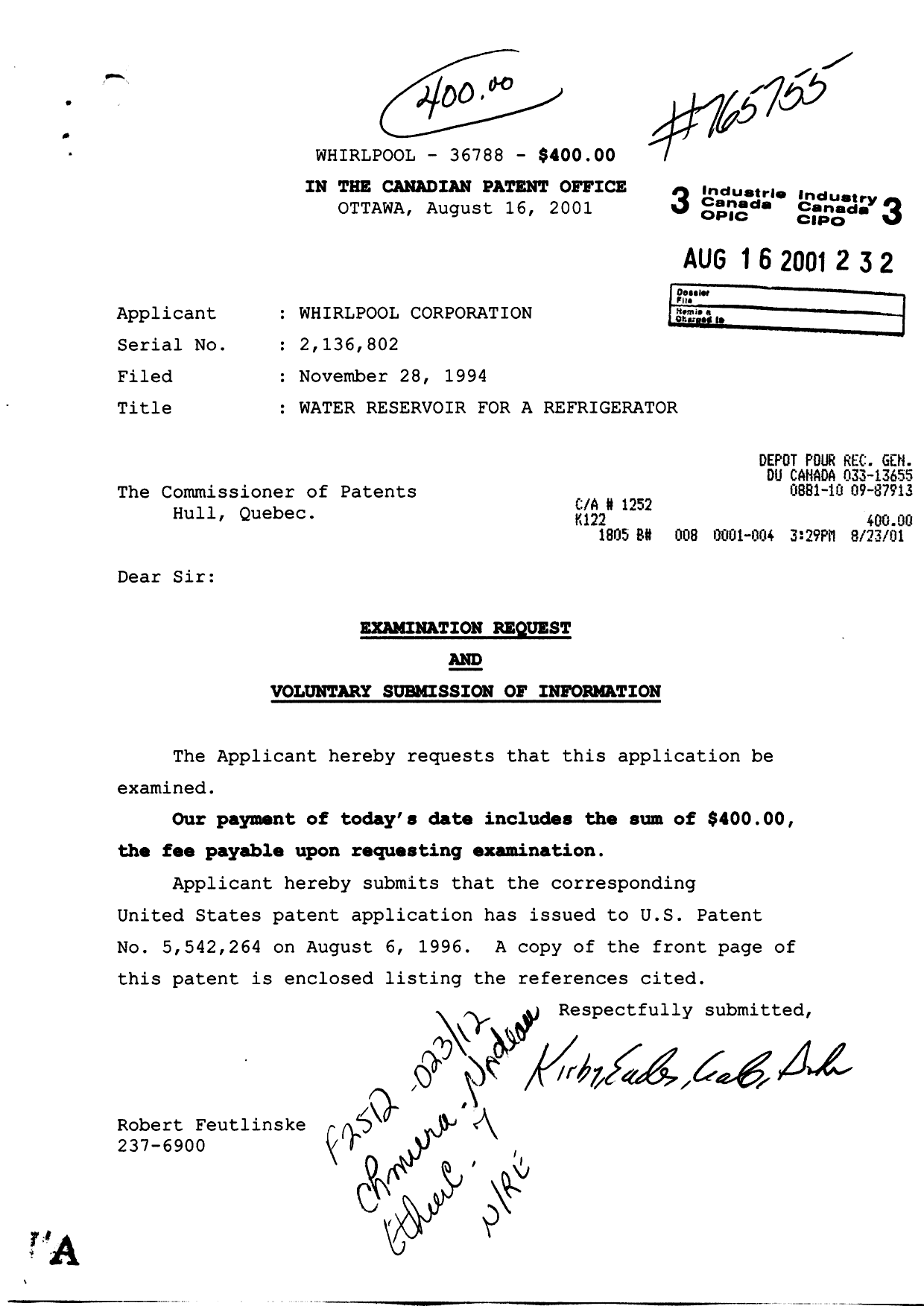Canadian Patent Document 2136802. Prosecution-Amendment 20010816. Image 1 of 1
