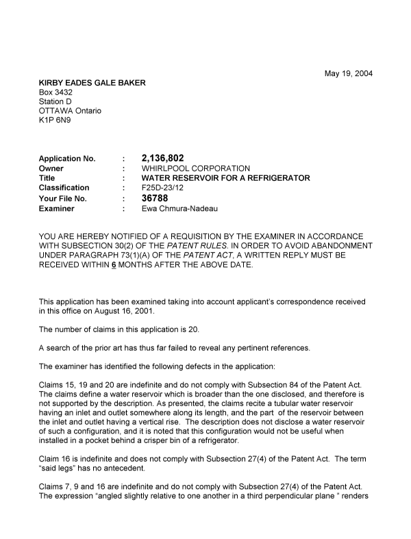 Document de brevet canadien 2136802. Poursuite-Amendment 20040519. Image 1 de 2