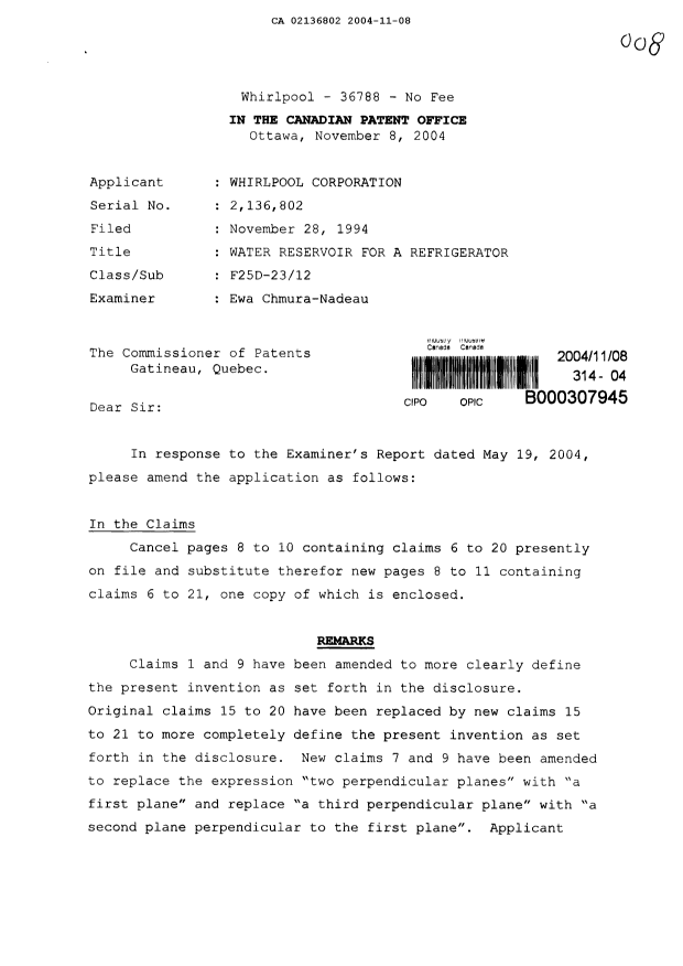 Canadian Patent Document 2136802. Prosecution-Amendment 20041108. Image 1 of 6
