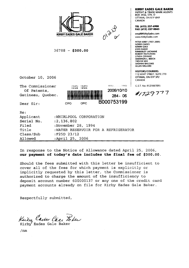 Document de brevet canadien 2136802. Correspondance 20061010. Image 1 de 1