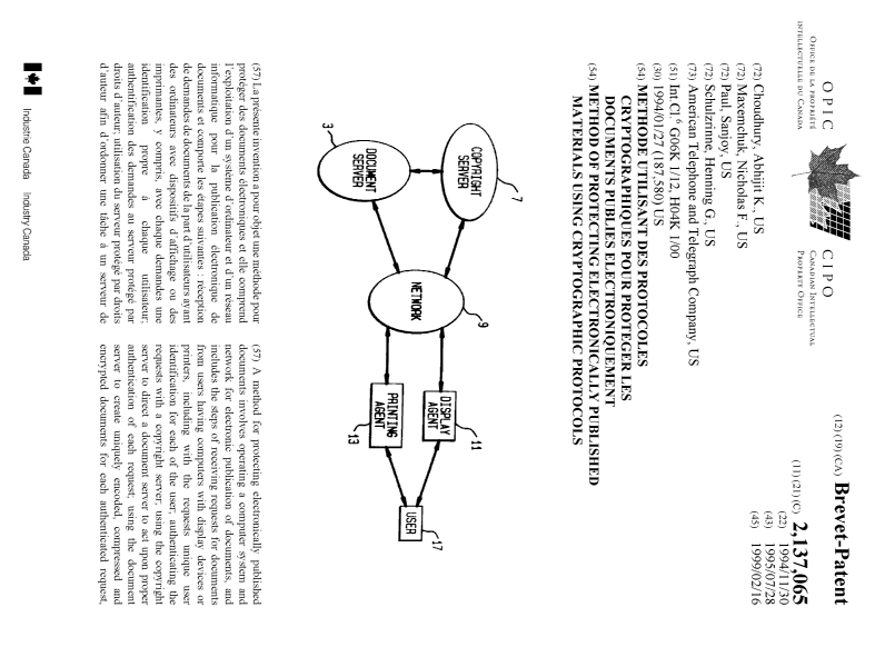 Document de brevet canadien 2137065. Page couverture 19990204. Image 1 de 2