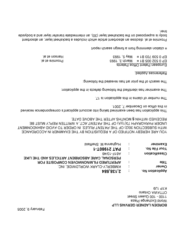 Canadian Patent Document 2138584. Prosecution-Amendment 20050209. Image 1 of 3
