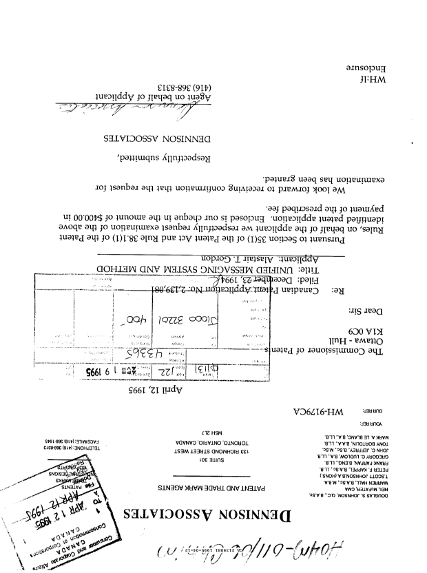Canadian Patent Document 2139081. Prosecution Correspondence 19950412. Image 1 of 1