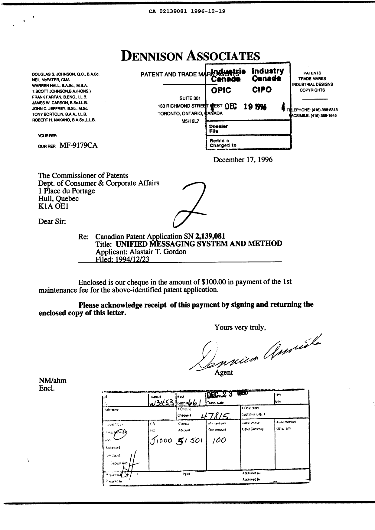 Document de brevet canadien 2139081. Taxes 19961219. Image 1 de 1