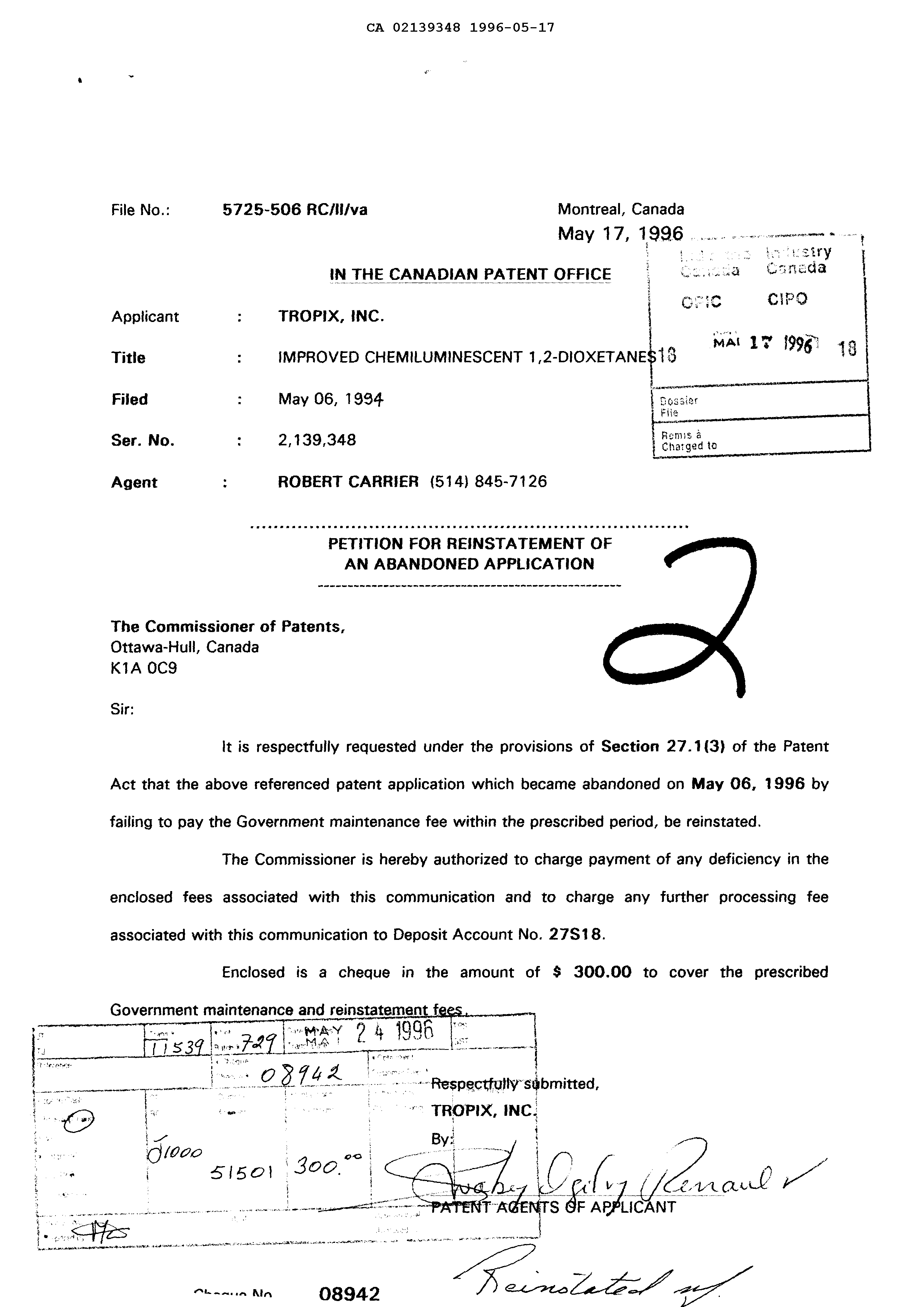Canadian Patent Document 2139348. Fees 19960517. Image 1 of 1