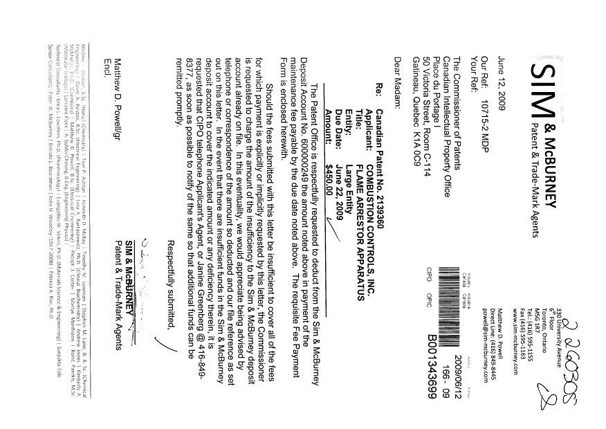 Document de brevet canadien 2139360. Taxes 20090612. Image 1 de 1