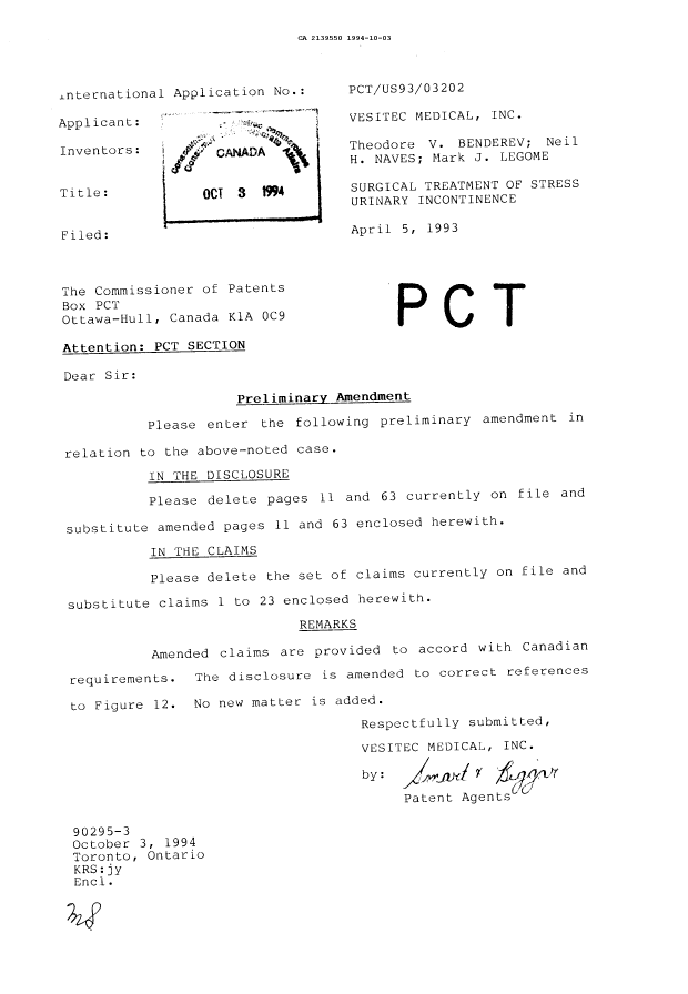 Document de brevet canadien 2139550. Correspondance de la poursuite 19941003. Image 1 de 1