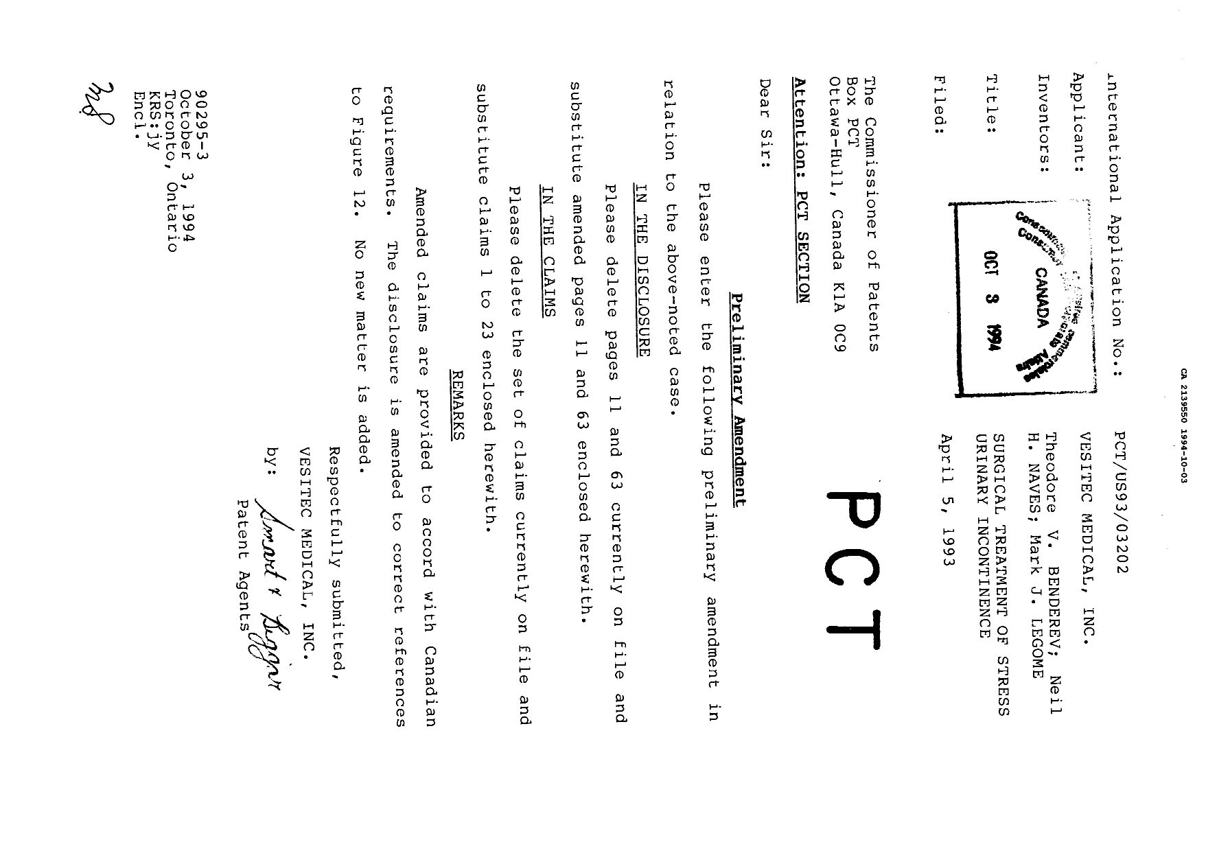 Canadian Patent Document 2139550. Prosecution Correspondence 19941003. Image 1 of 1