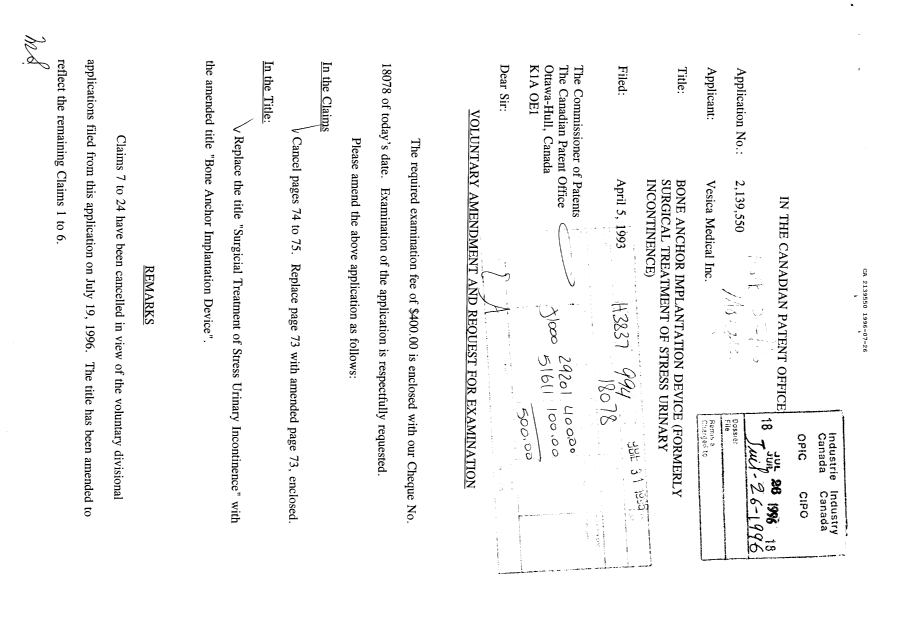 Canadian Patent Document 2139550. Prosecution Correspondence 19960726. Image 2 of 2