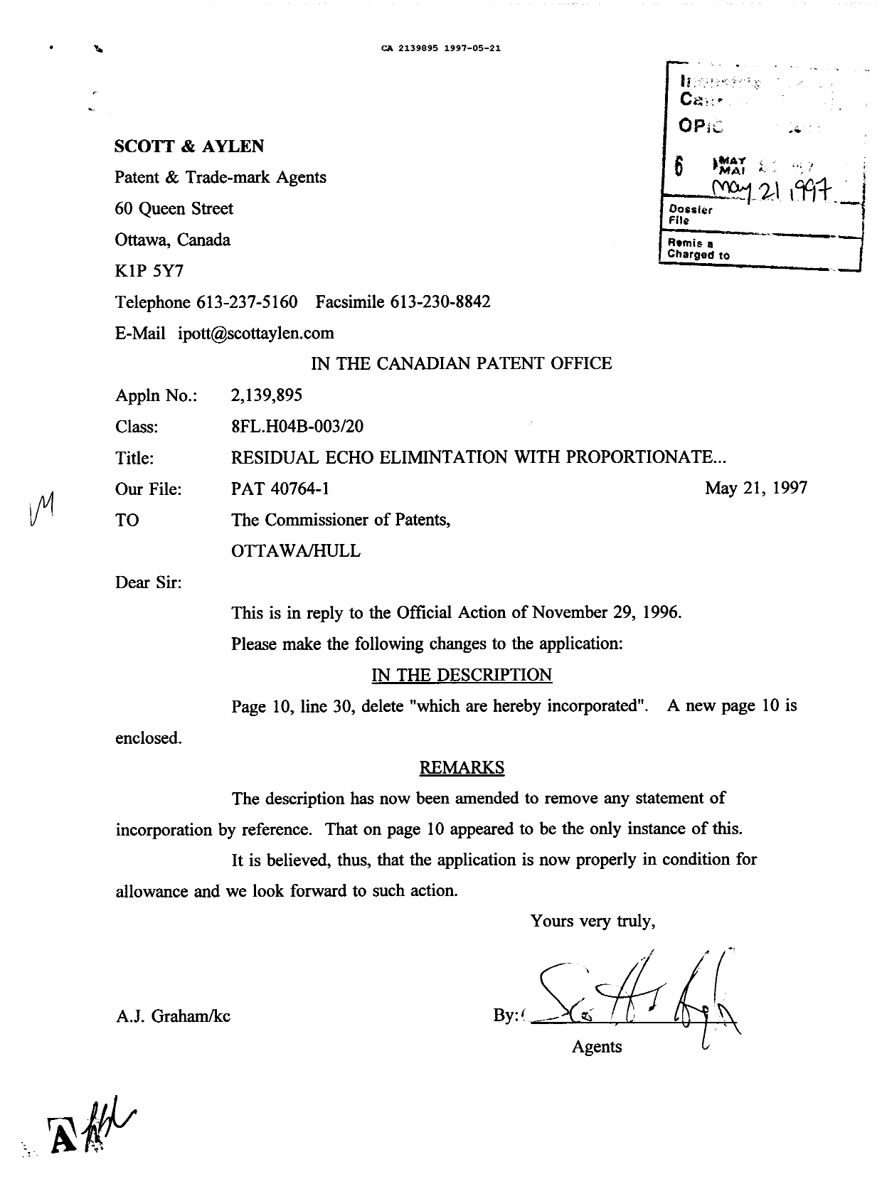 Document de brevet canadien 2139895. Correspondance de la poursuite 19970521. Image 1 de 1