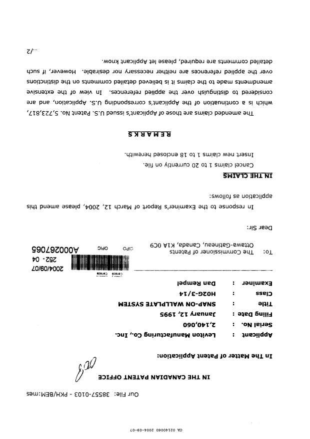 Canadian Patent Document 2140060. Prosecution-Amendment 20040907. Image 1 of 19