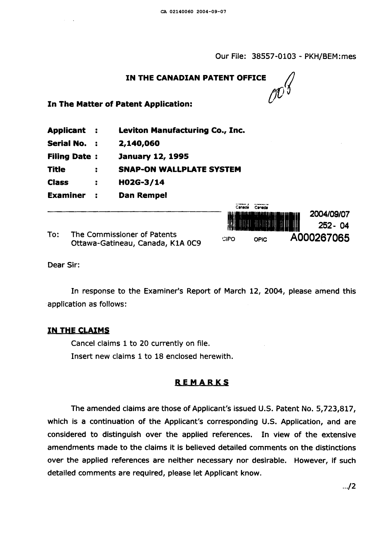 Document de brevet canadien 2140060. Poursuite-Amendment 20040907. Image 1 de 19