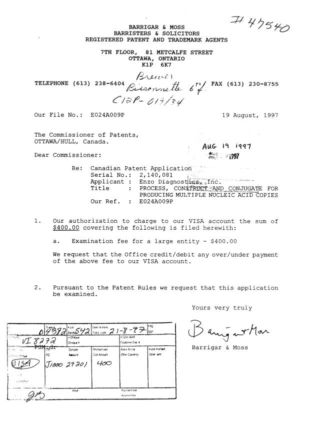 Canadian Patent Document 2140081. Prosecution-Amendment 19970819. Image 1 of 1