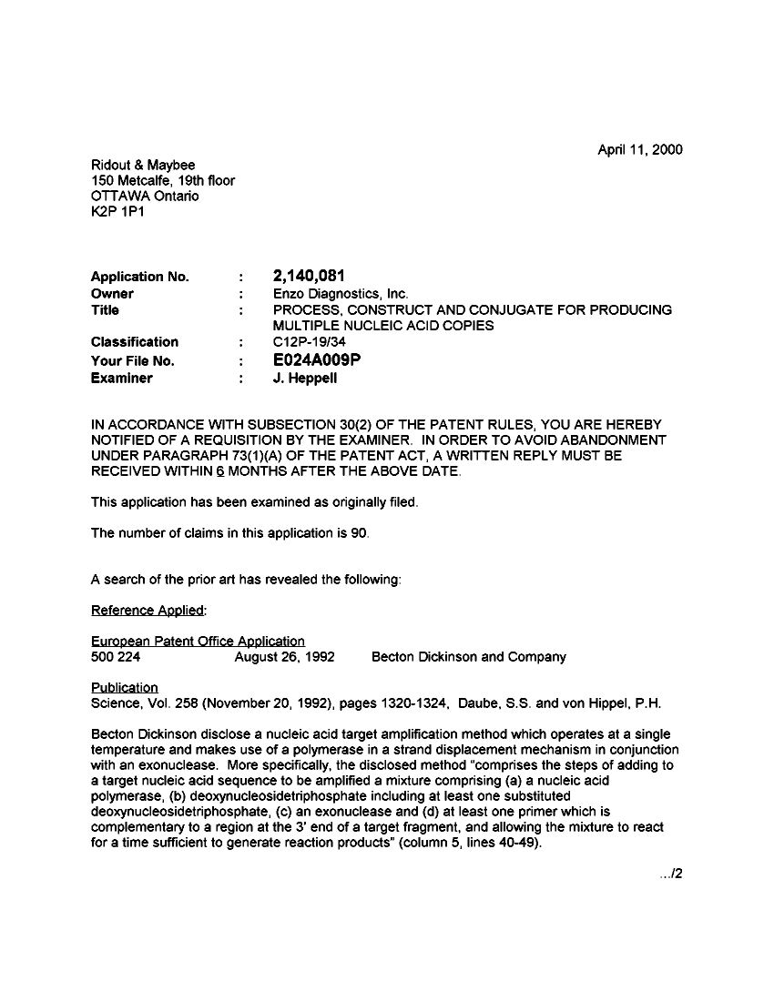 Document de brevet canadien 2140081. Poursuite-Amendment 20000411. Image 1 de 6