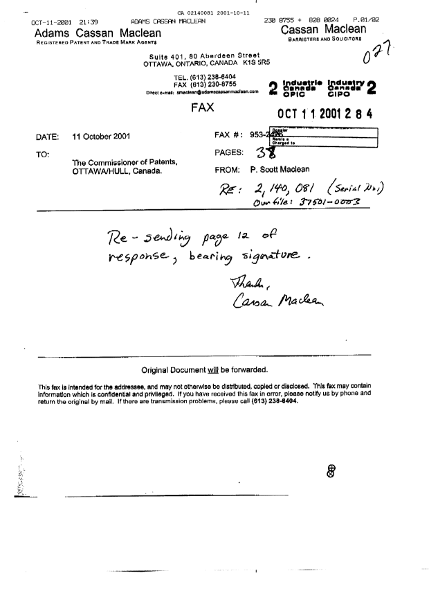 Canadian Patent Document 2140081. Prosecution-Amendment 20011011. Image 1 of 2