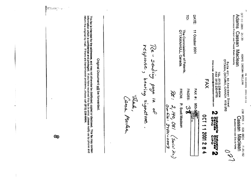 Document de brevet canadien 2140081. Poursuite-Amendment 20011011. Image 1 de 2