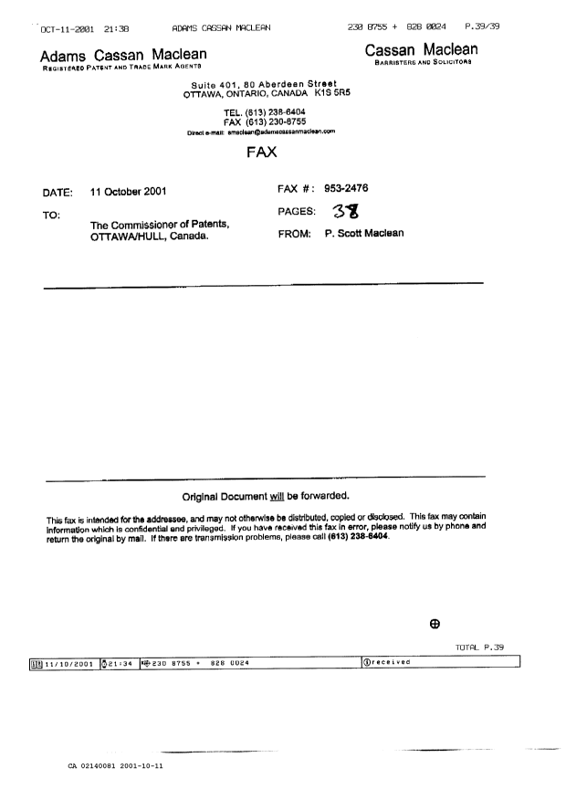 Document de brevet canadien 2140081. Correspondance 20011011. Image 38 de 38
