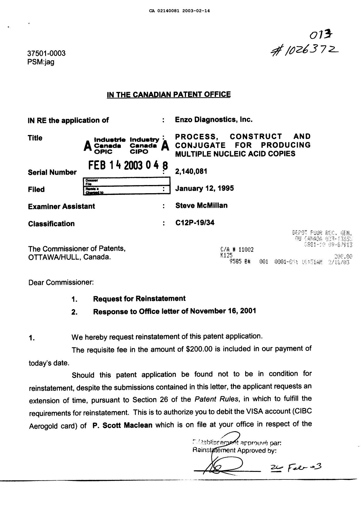 Document de brevet canadien 2140081. Poursuite-Amendment 20030214. Image 1 de 4