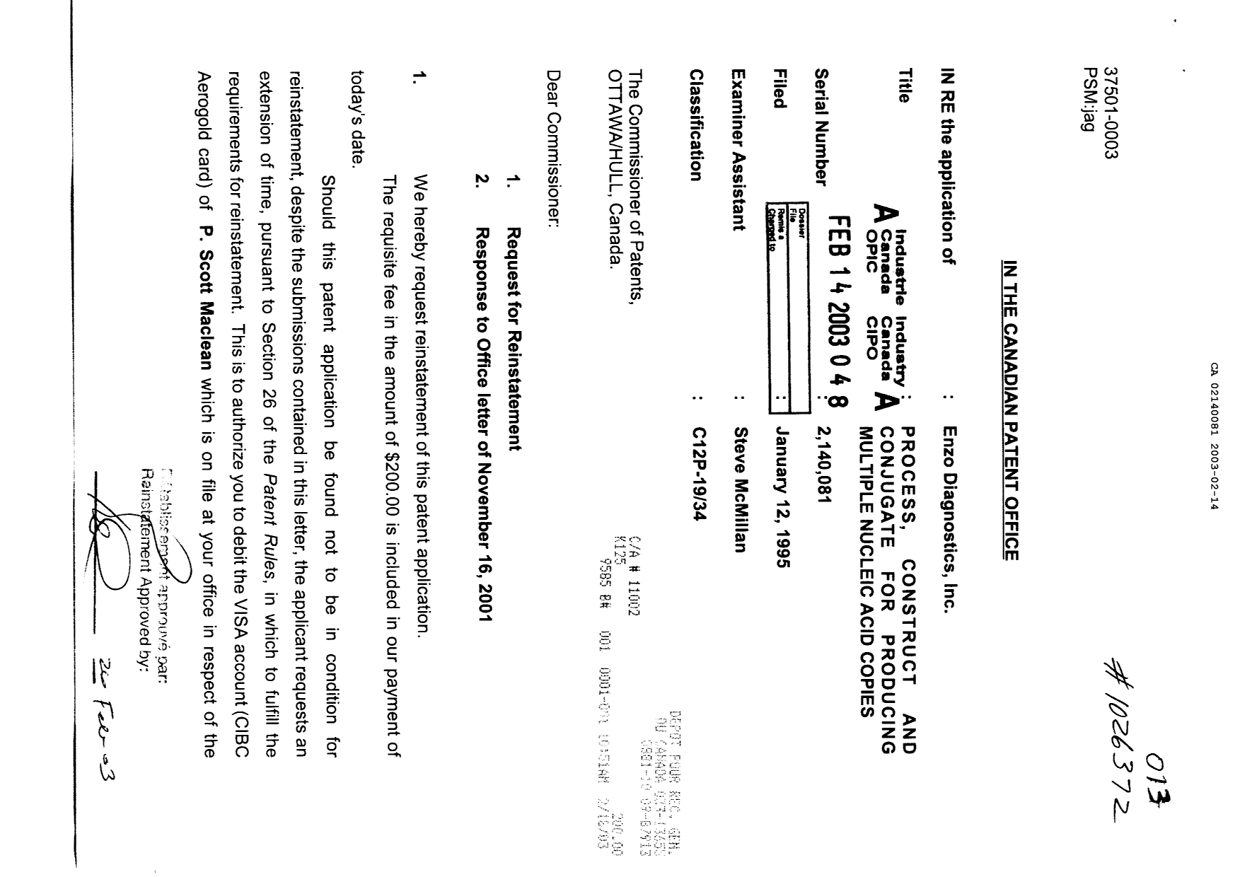 Canadian Patent Document 2140081. Prosecution-Amendment 20030214. Image 1 of 4