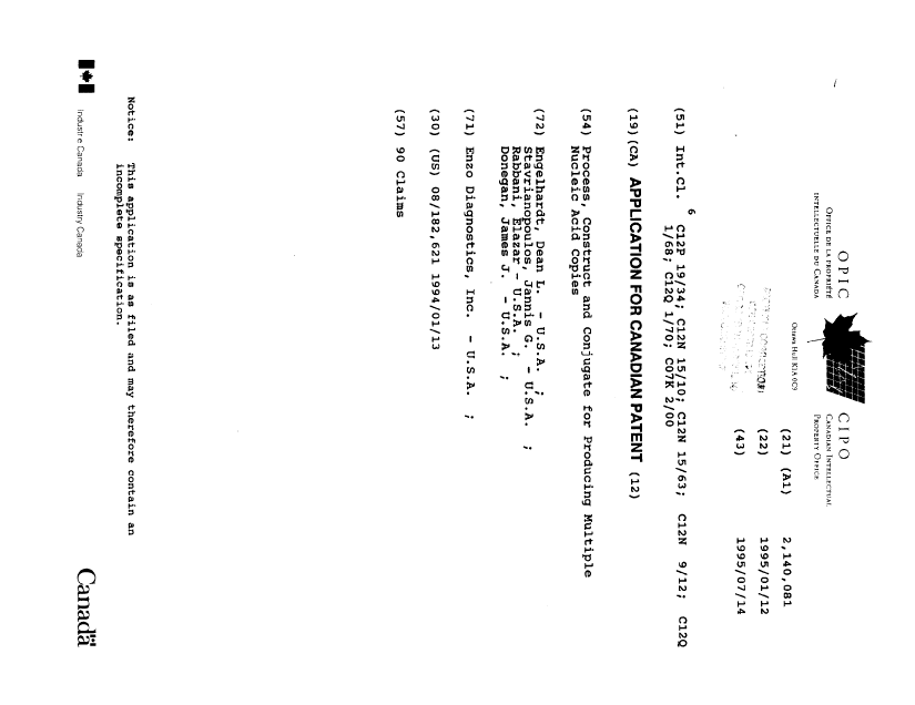 Document de brevet canadien 2140081. Page couverture 20080205. Image 1 de 2