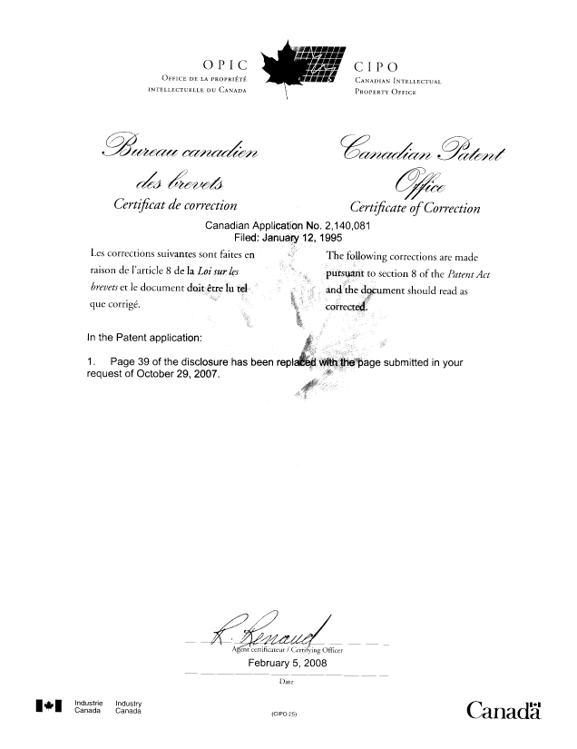 Document de brevet canadien 2140081. Page couverture 20080205. Image 2 de 2