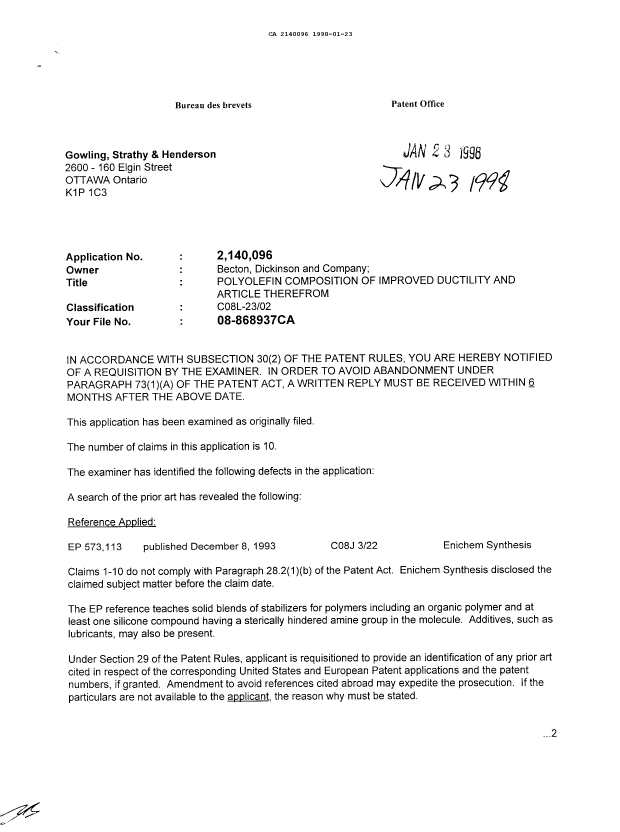 Document de brevet canadien 2140096. Demande d'examen 19980123. Image 1 de 2