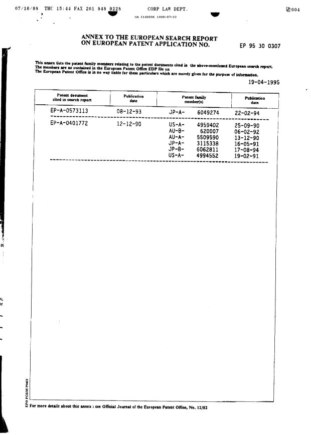 Canadian Patent Document 2140096. Prosecution Correspondence 19980722. Image 4 of 5